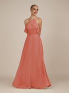 KissDress-Wynne Wild Rose A Line Chiffon Halter Neck Ruffled Overlay Long Bridesmaid Dress