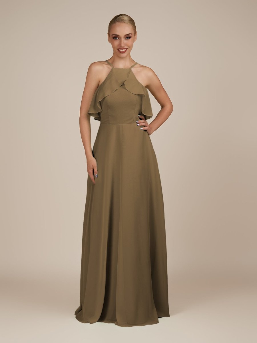 KissDress-Wynne Willow Green A Line Chiffon Halter Neck Ruffled Overlay Long Bridesmaid Dress