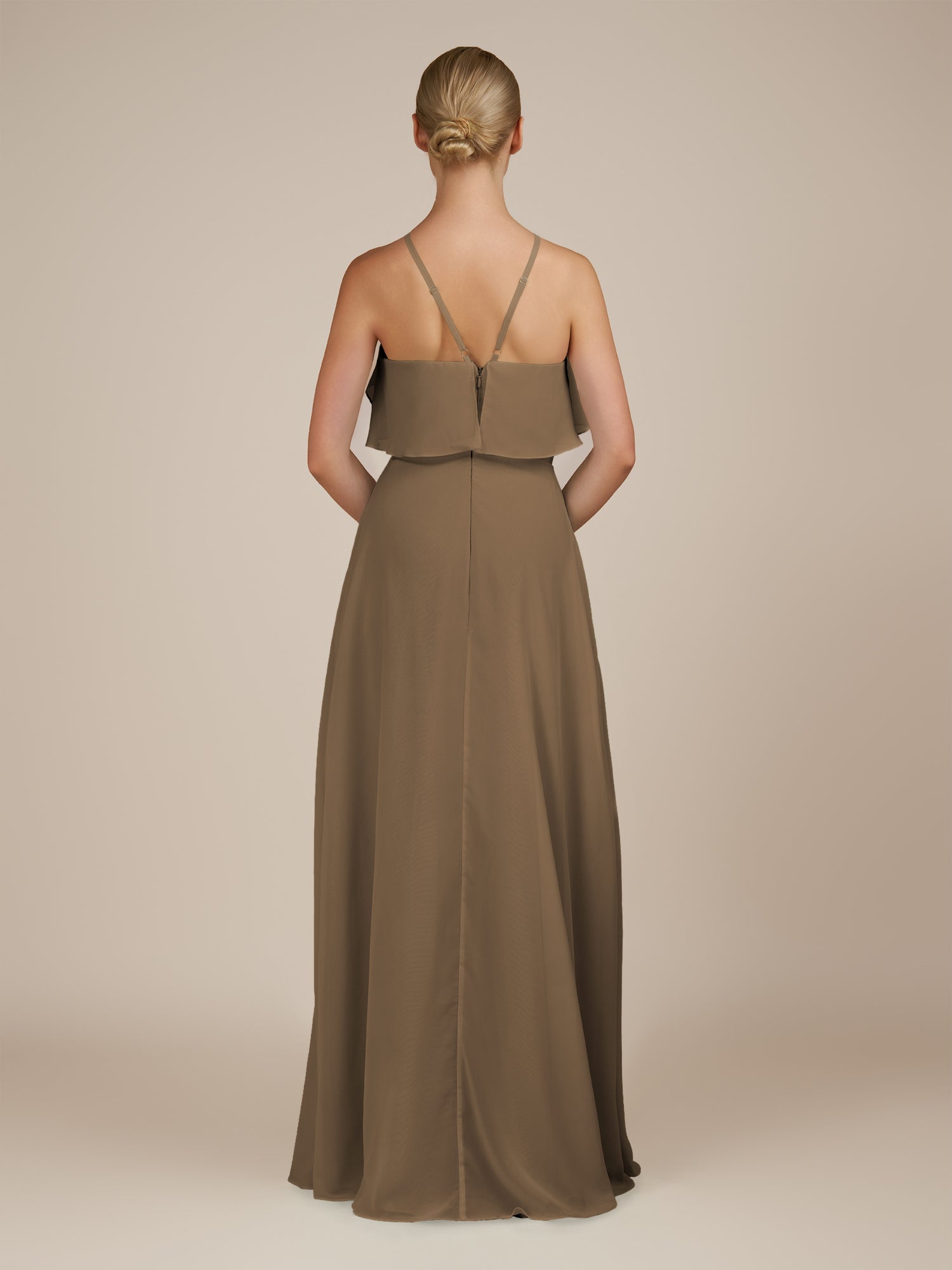 KissDress-Wynne Willow Green A Line Chiffon Halter Neck Ruffled Overlay Long Bridesmaid Dress