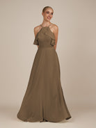KissDress-Wynne Willow Green A Line Chiffon Halter Neck Ruffled Overlay Long Bridesmaid Dress