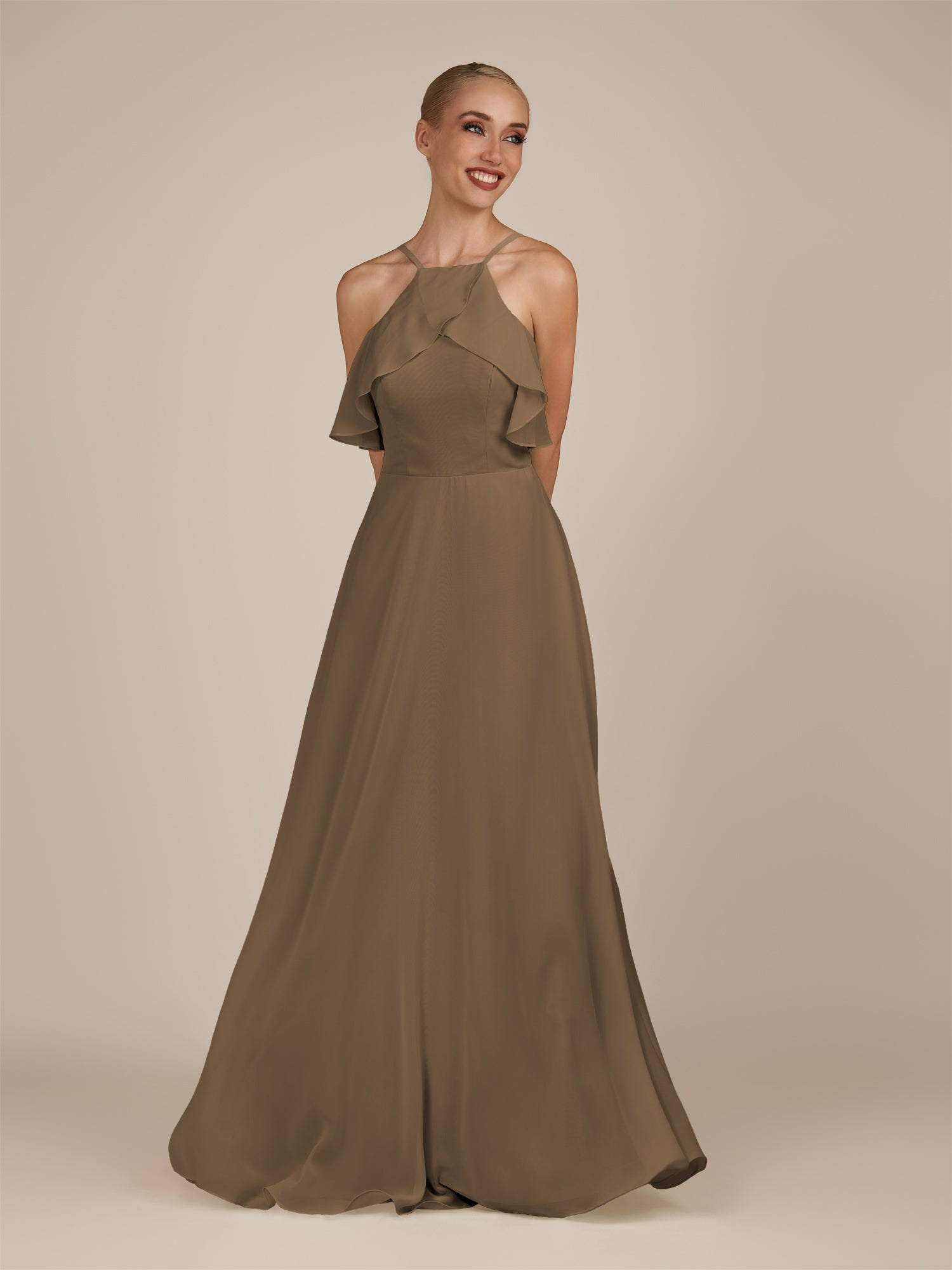 KissDress-Wynne Willow Green A Line Chiffon Halter Neck Ruffled Overlay Long Bridesmaid Dress