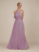 KissDress-Wynne Wisteria A Line Chiffon Halter Neck Ruffled Overlay Long Bridesmaid Dress