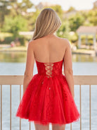 Yasmin | A - line Red Sweetheart Appliques Lace Homecoming Dress With Corset Back - KissProm