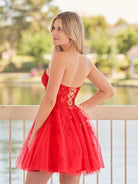 Yasmin | A - line Red Sweetheart Appliques Lace Homecoming Dress With Corset Back - KissProm