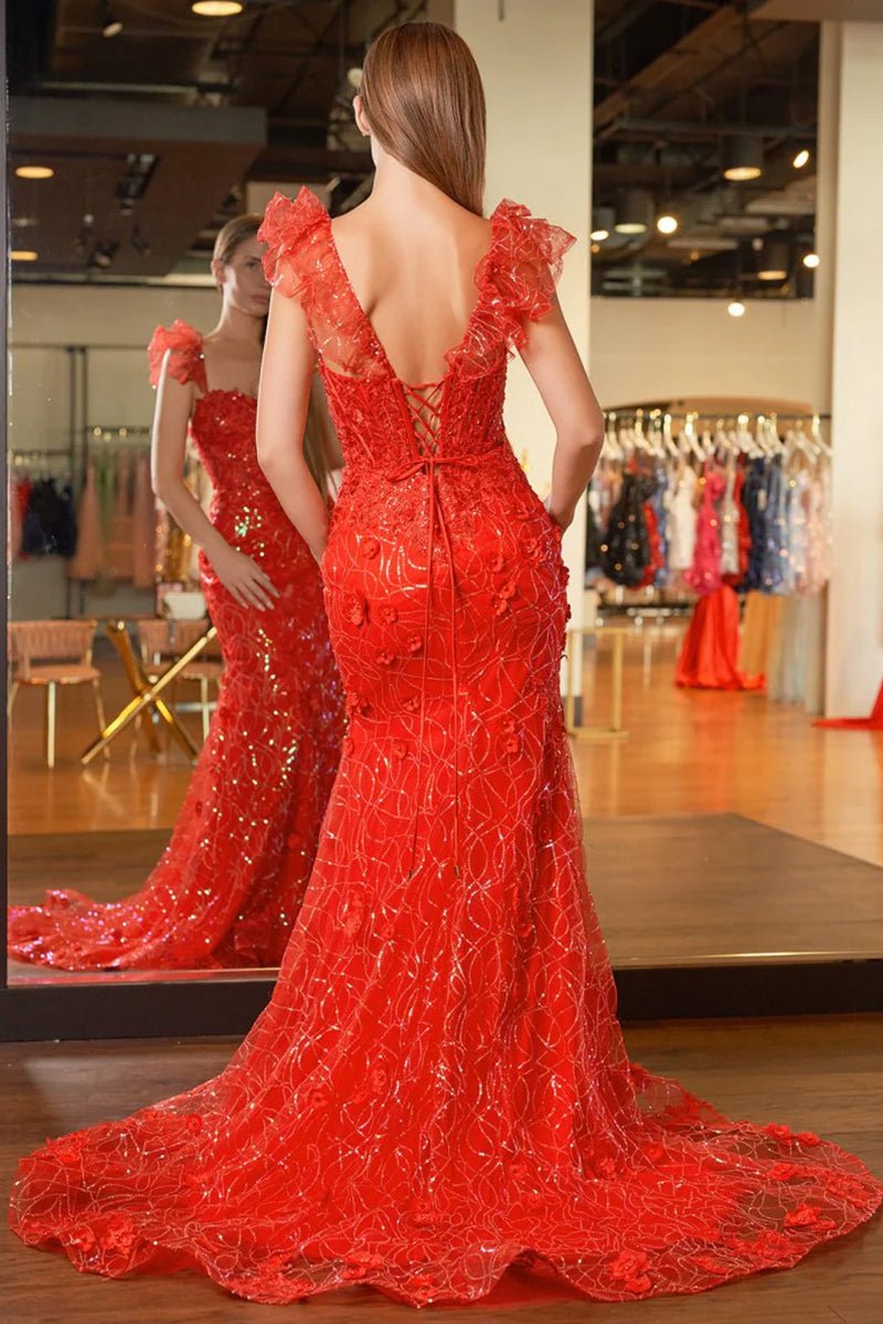 Mckinley | Yellow Ruffle Straps 3D Flower Mermaid Long Prom Dress - KissProm