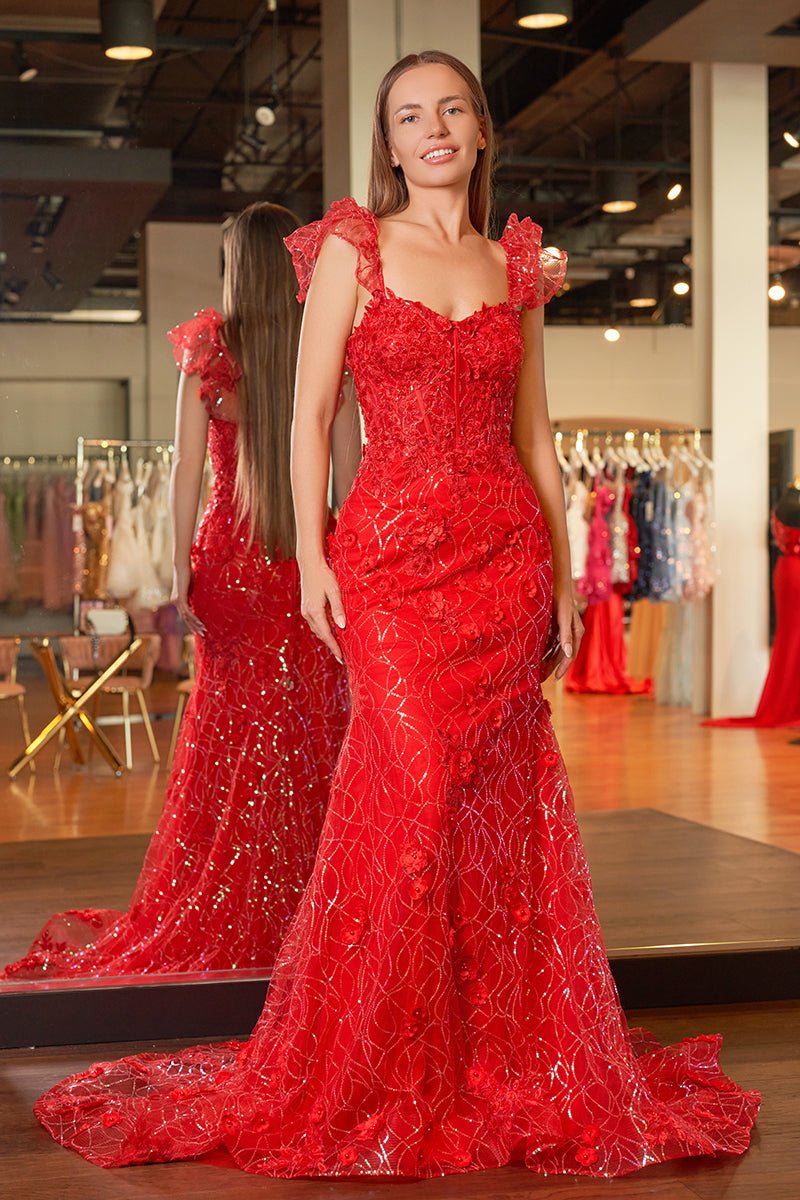 Mckinley | Yellow Ruffle Straps 3D Flower Mermaid Long Prom Dress - KissProm
