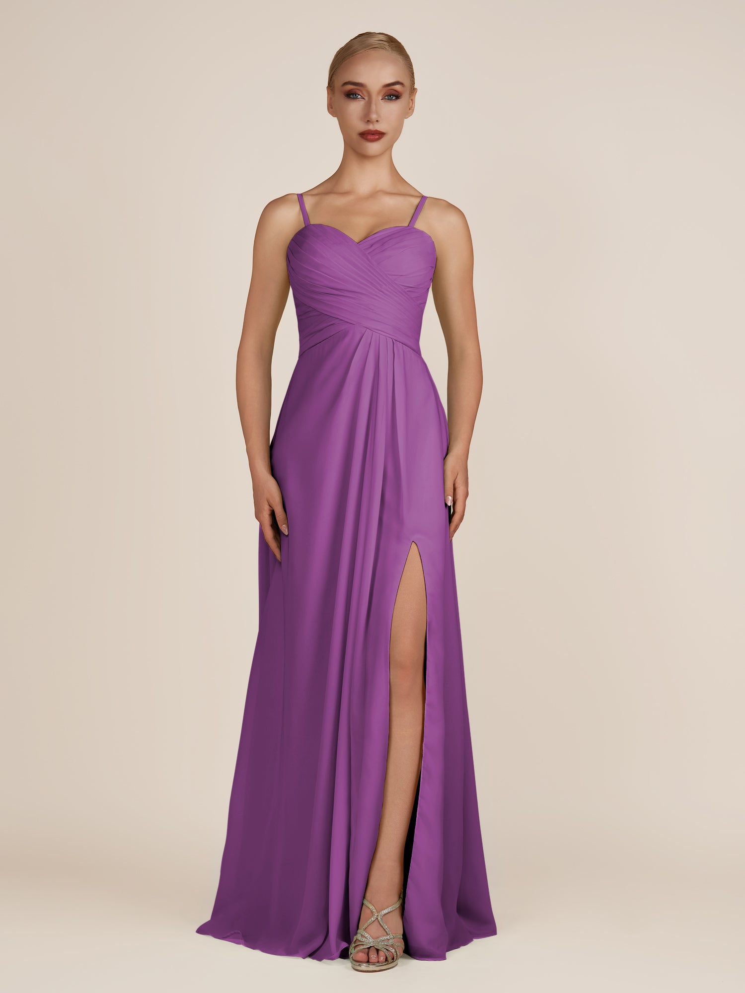 KissDress-Ysolina Amethyst A Line Sweetheart Chiffon Pleated Long Bridesmaid Dress with Slit