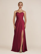 KissDress-Ysolina Berry A Line Sweetheart Chiffon Pleated Long Bridesmaid Dress with Slit
