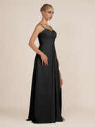 KissDress-Ysolina Black A Line Sweetheart Chiffon Pleated Long Bridesmaid Dress with Slit