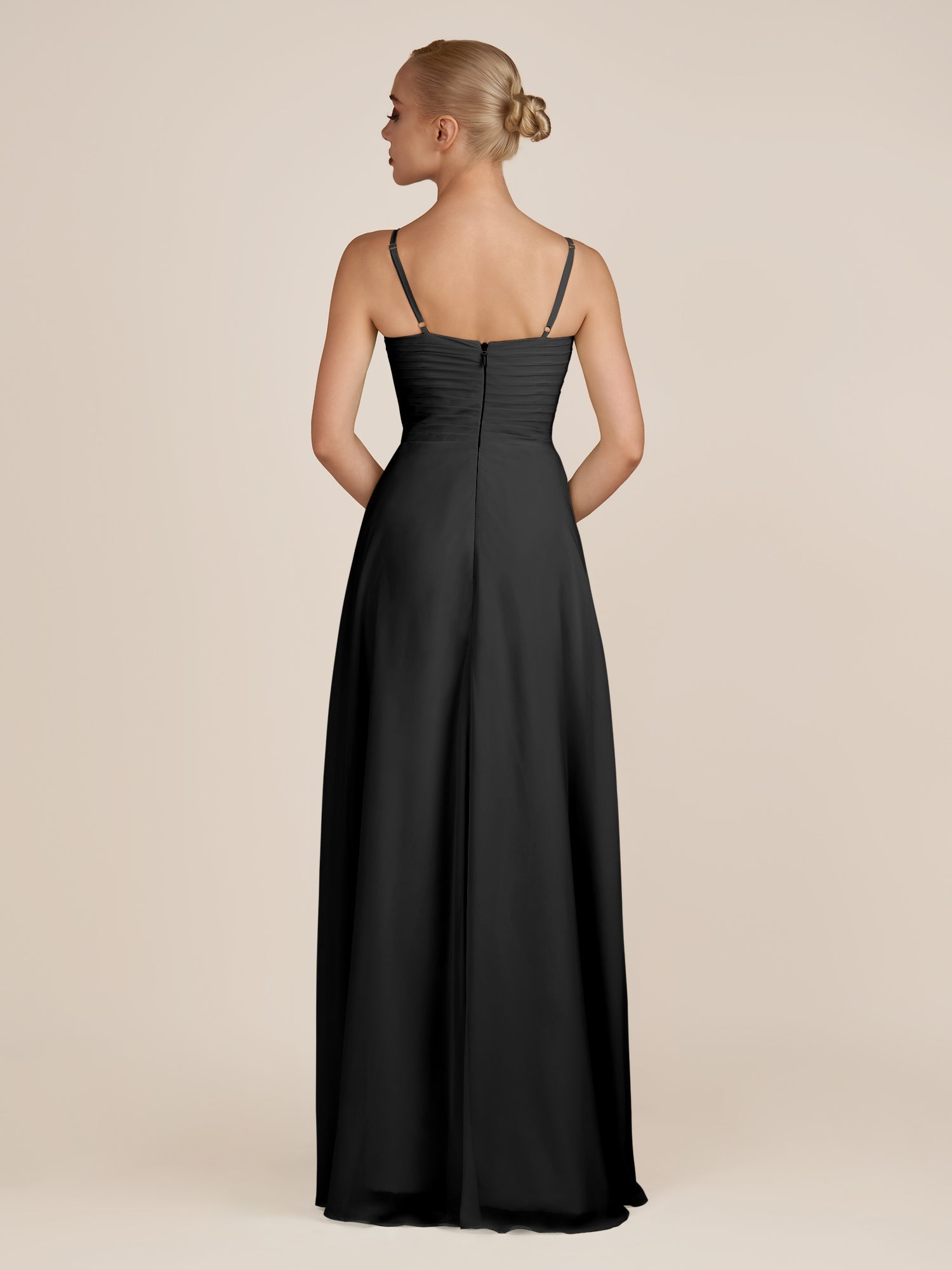 KissDress-Ysolina Black A Line Sweetheart Chiffon Pleated Long Bridesmaid Dress with Slit