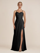 KissDress-Ysolina Black A Line Sweetheart Chiffon Pleated Long Bridesmaid Dress with Slit