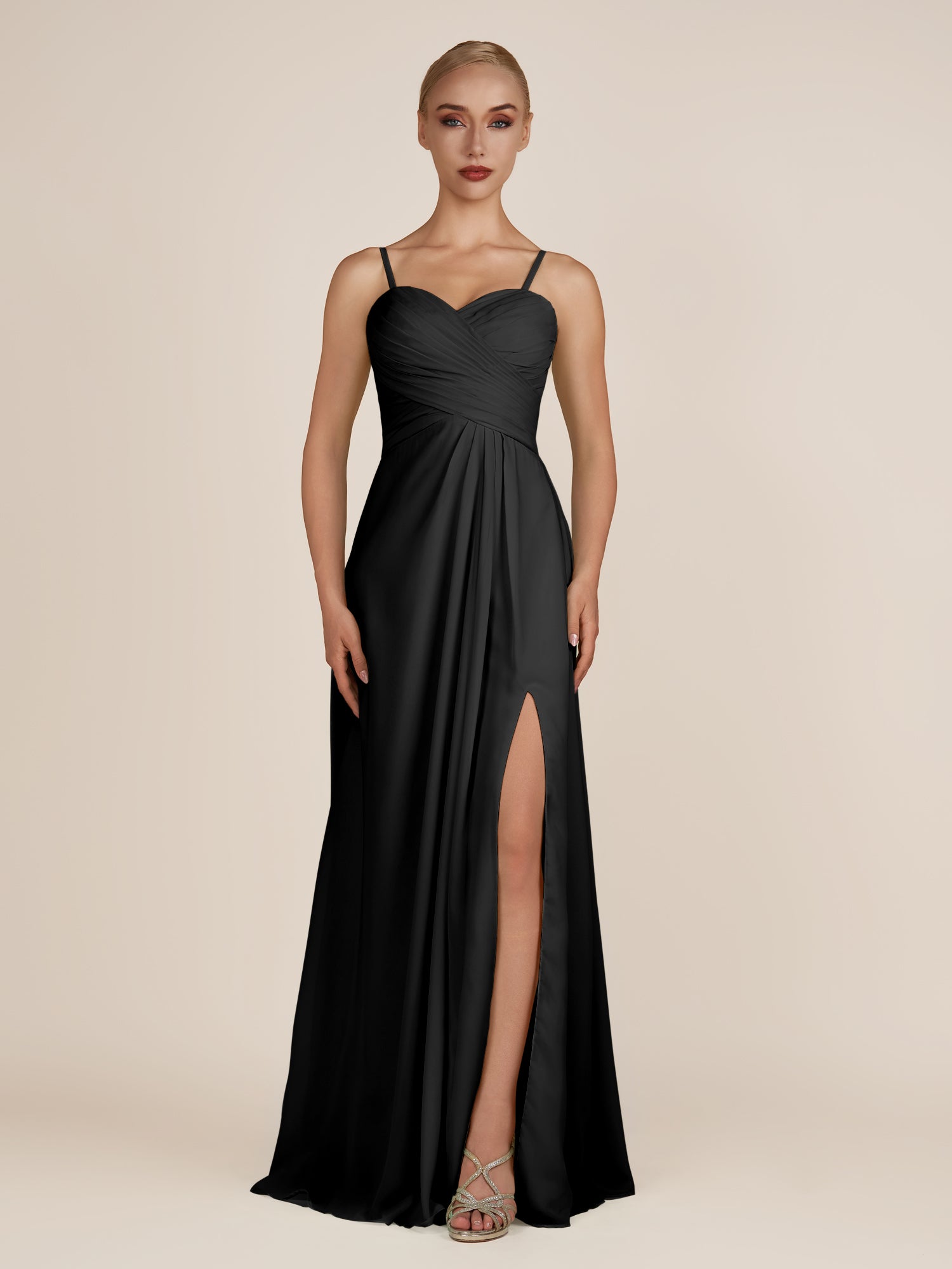 KissDress-Ysolina Black A Line Sweetheart Chiffon Pleated Long Bridesmaid Dress with Slit