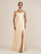 KissDress-Ysolina Champagne A Line Sweetheart Chiffon Pleated Long Bridesmaid Dress with Slit
