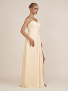 KissDress-Ysolina Champagne A Line Sweetheart Chiffon Pleated Long Bridesmaid Dress with Slit