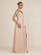 KissDress-Ysolina Champagne Rose A Line Sweetheart Chiffon Pleated Long Bridesmaid Dress with Slit