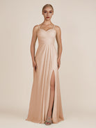 KissDress-Ysolina Champagne Rose A Line Sweetheart Chiffon Pleated Long Bridesmaid Dress with Slit