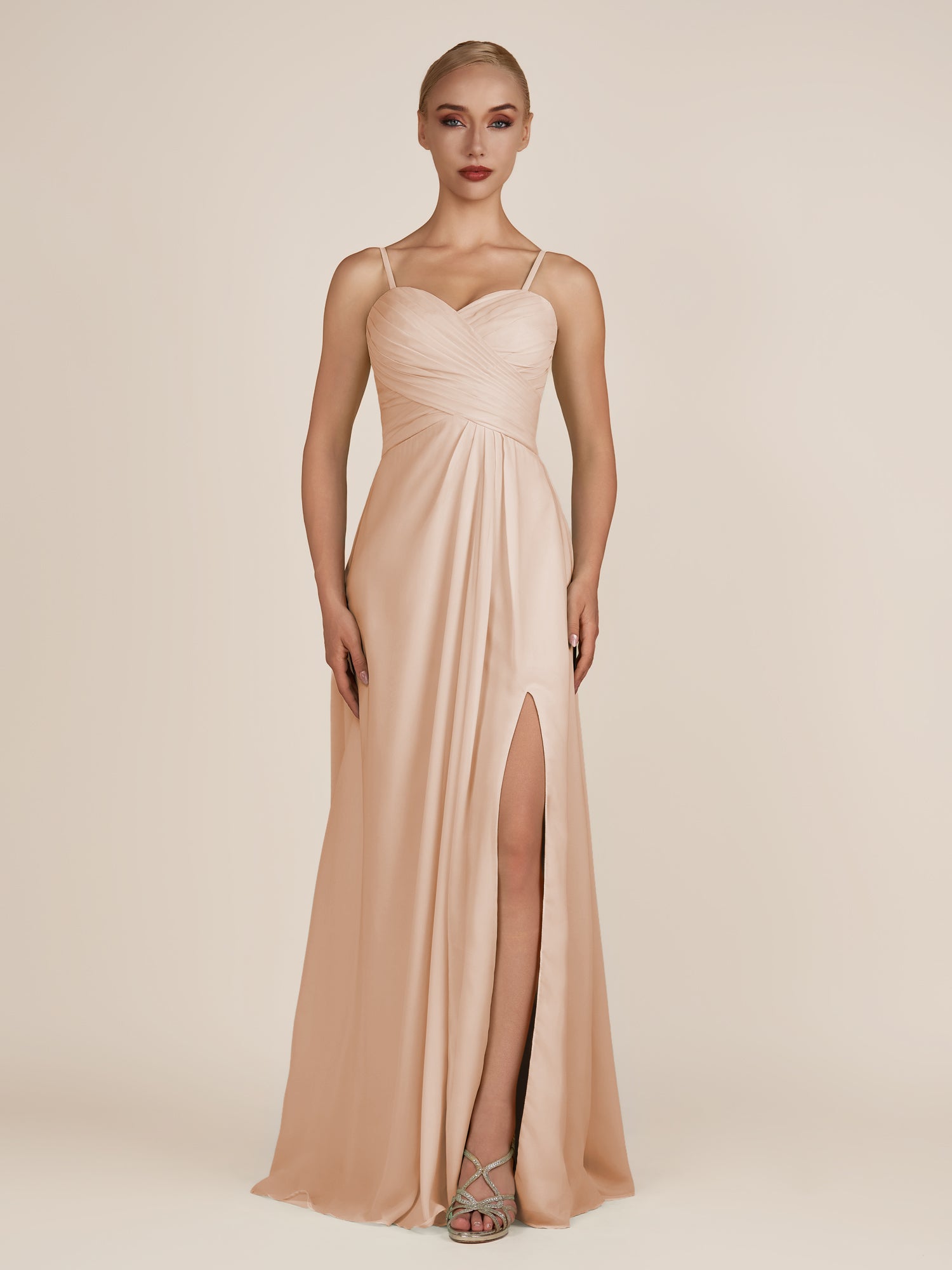 KissDress-Ysolina Champagne Rose A Line Sweetheart Chiffon Pleated Long Bridesmaid Dress with Slit