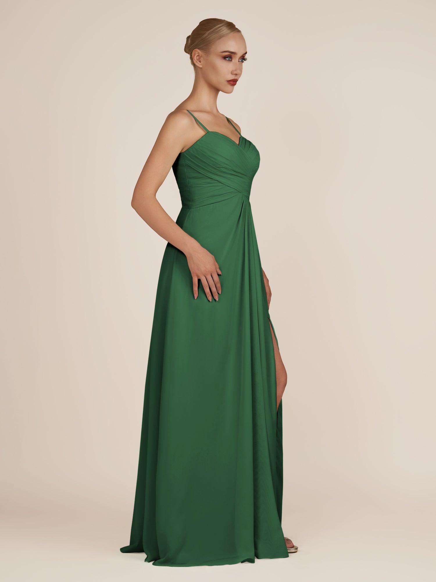 KissDress-Ysolina Dark Green A Line Sweetheart Chiffon Pleated Long Bridesmaid Dress with Slit