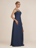 KissDress-Ysolina Dark Navy A Line Sweetheart Chiffon Pleated Long Bridesmaid Dress with Slit
