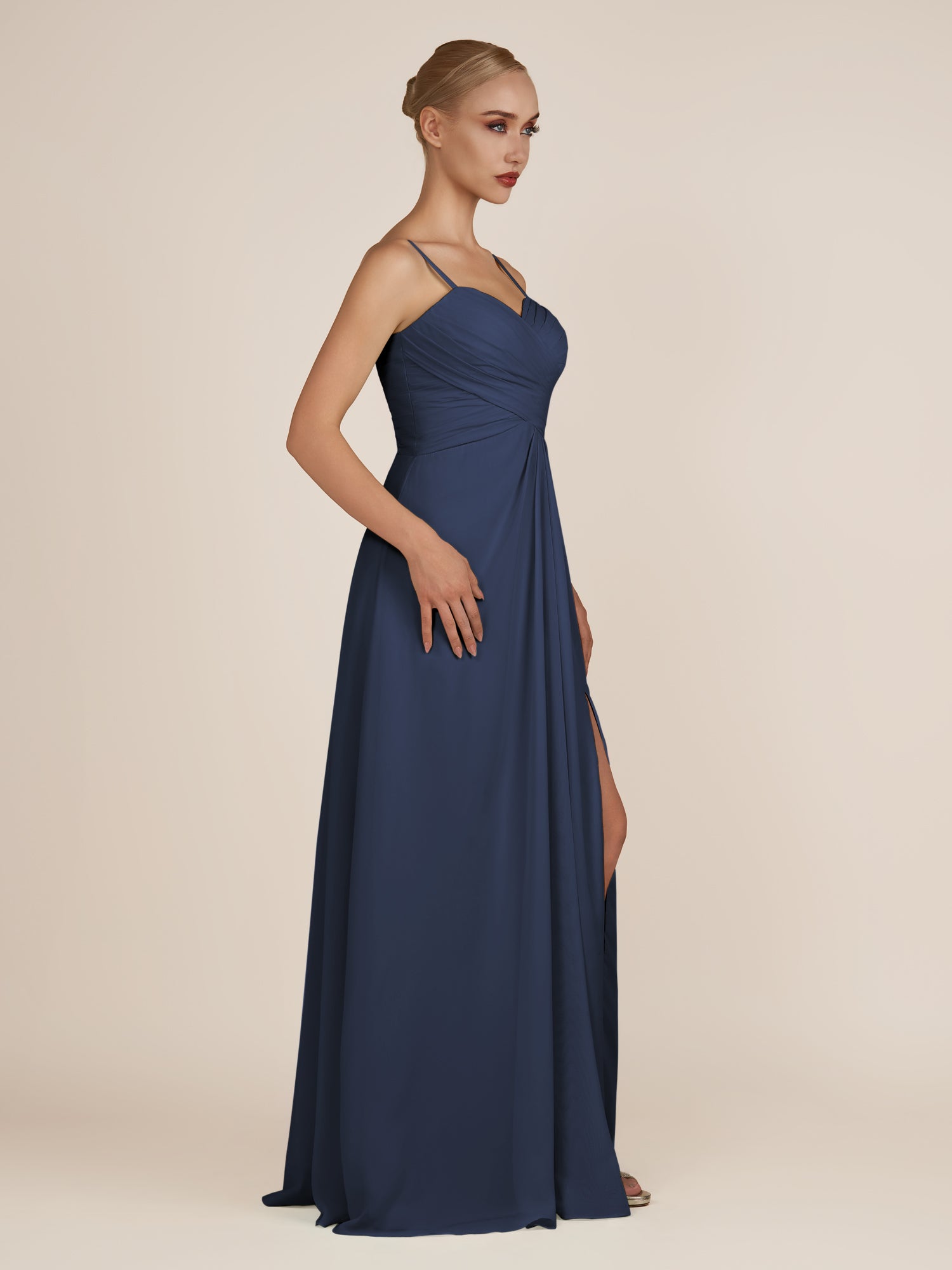 KissDress-Ysolina Dark Navy A Line Sweetheart Chiffon Pleated Long Bridesmaid Dress with Slit