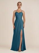 KissDress-Ysolina Dark Teal A Line Sweetheart Chiffon Pleated Long Bridesmaid Dress with Slit