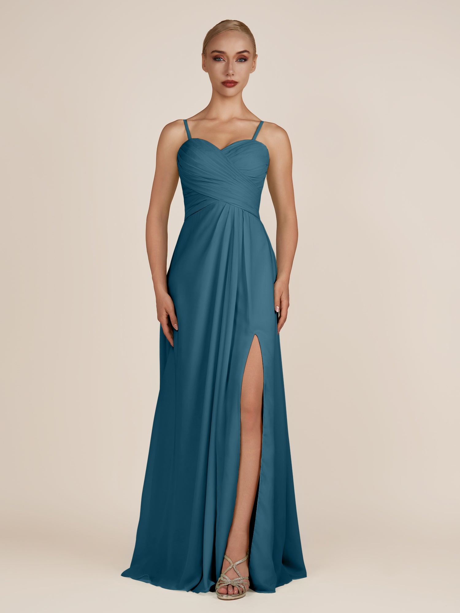 KissDress-Ysolina Dark Teal A Line Sweetheart Chiffon Pleated Long Bridesmaid Dress with Slit