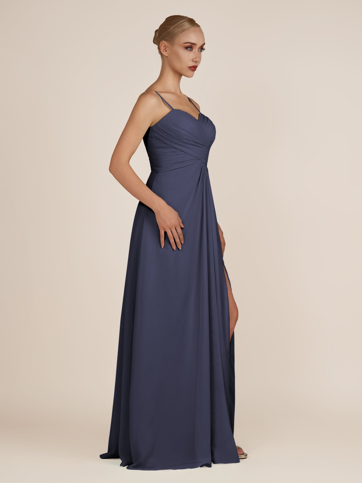 KissDress-Ysolina Dusk Blue A Line Sweetheart Chiffon Pleated Long Bridesmaid Dress with Slit