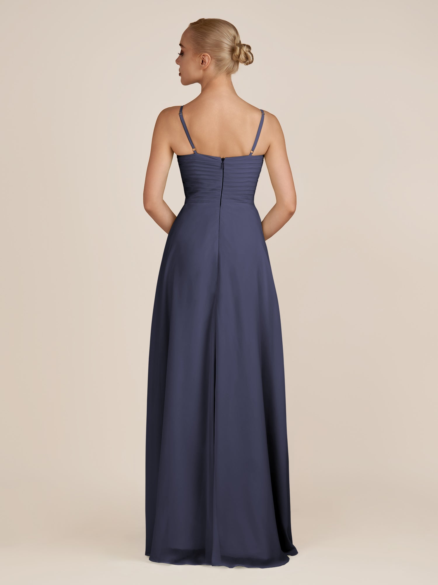 KissDress-Ysolina Dusk Blue A Line Sweetheart Chiffon Pleated Long Bridesmaid Dress with Slit