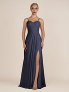 KissDress-Ysolina Dusk Blue A Line Sweetheart Chiffon Pleated Long Bridesmaid Dress with Slit