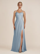 KissDress-Ysolina Dusty Blue A Line Sweetheart Chiffon Pleated Long Bridesmaid Dress with Slit