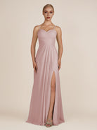 KissDress-Ysolina Dusty Rose A Line Sweetheart Chiffon Pleated Long Bridesmaid Dress with Slit