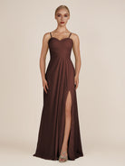KissDress-Ysolina Espresso A Line Sweetheart Chiffon Pleated Long Bridesmaid Dress with Slit