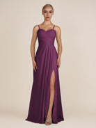 KissDress-Ysolina Fig A Line Sweetheart Chiffon Pleated Long Bridesmaid Dress with Slit