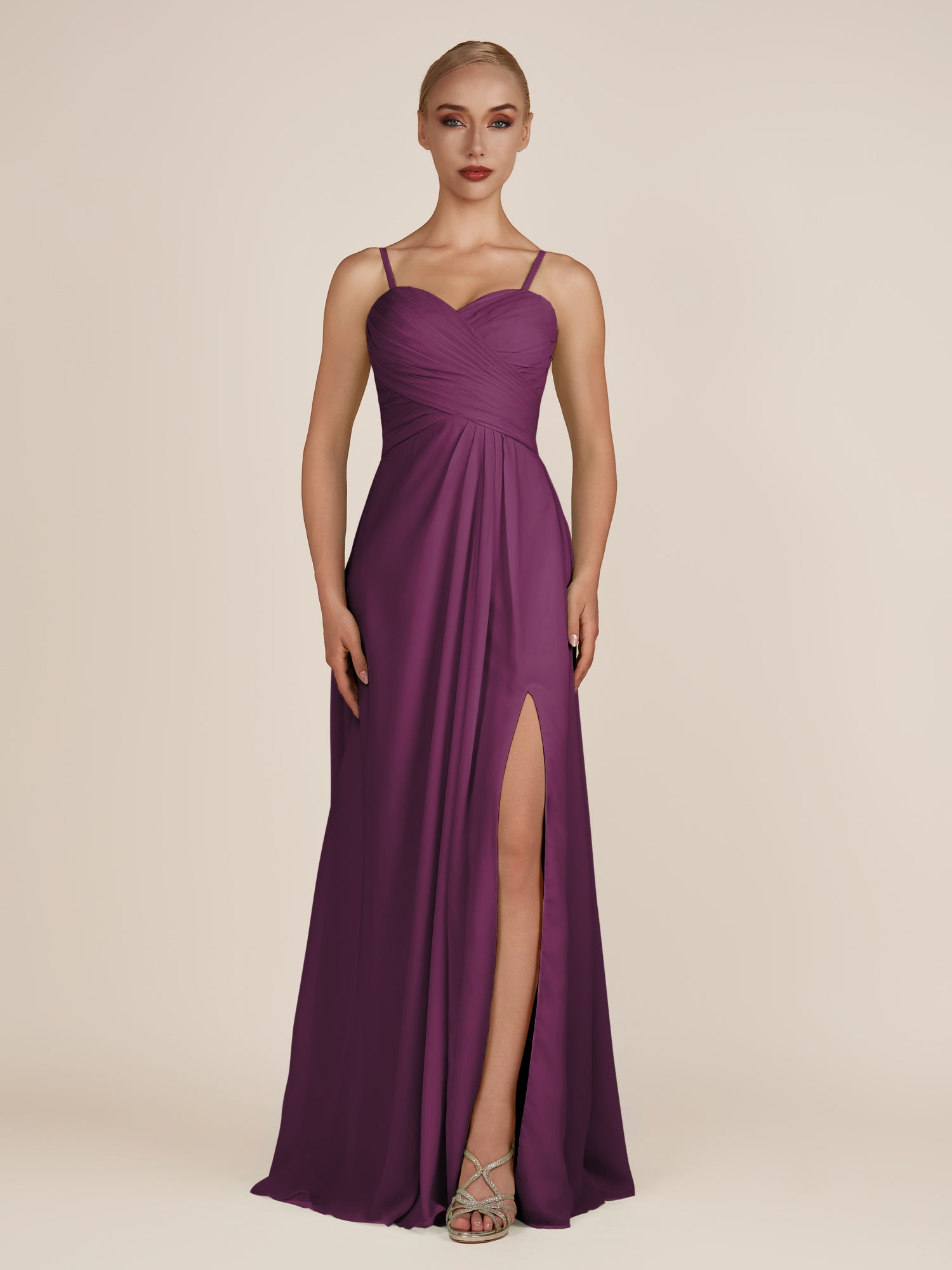 KissDress-Ysolina Fig A Line Sweetheart Chiffon Pleated Long Bridesmaid Dress with Slit