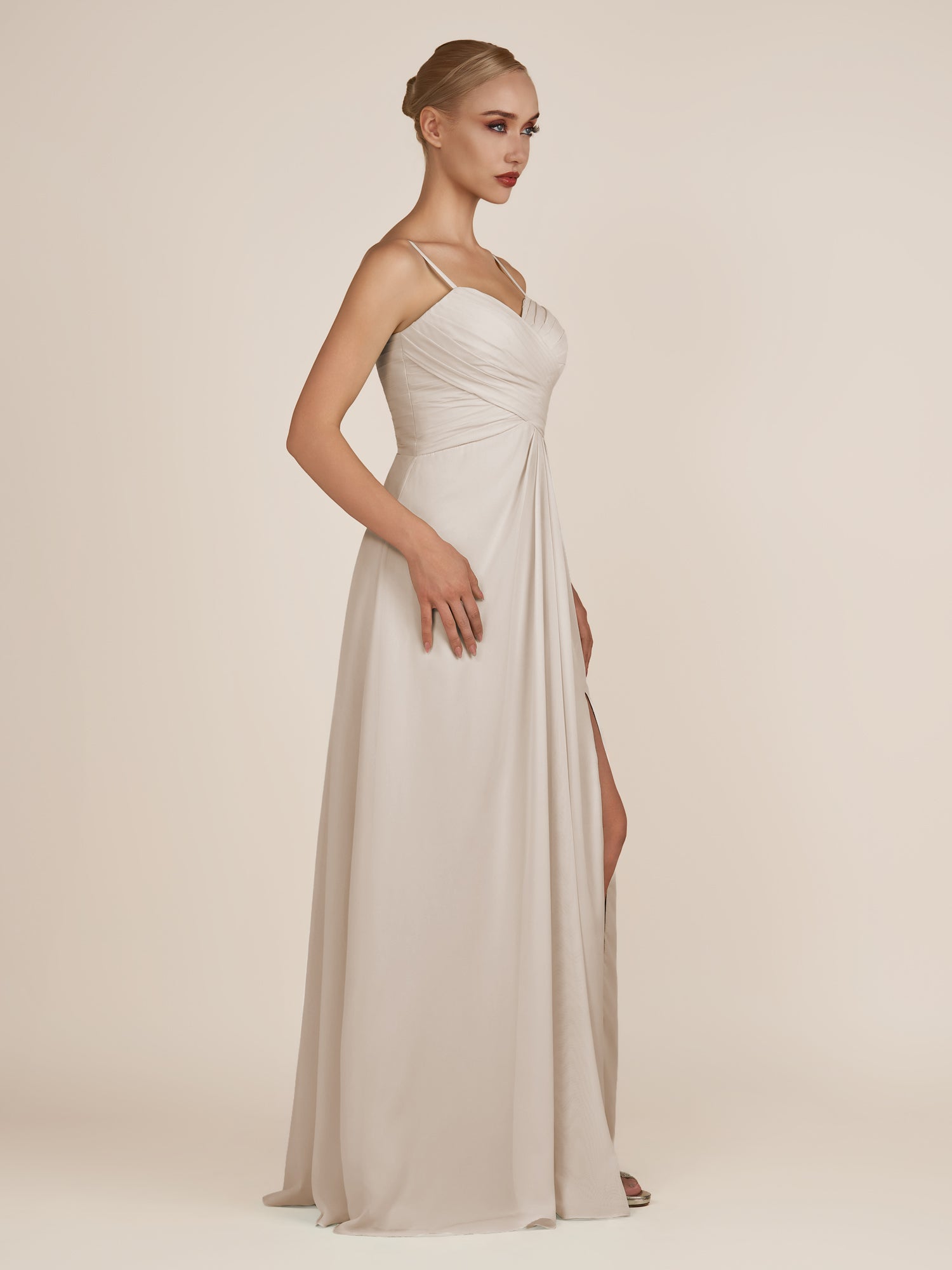 KissDress-Ysolina Frost A Line Sweetheart Chiffon Pleated Long Bridesmaid Dress with Slit