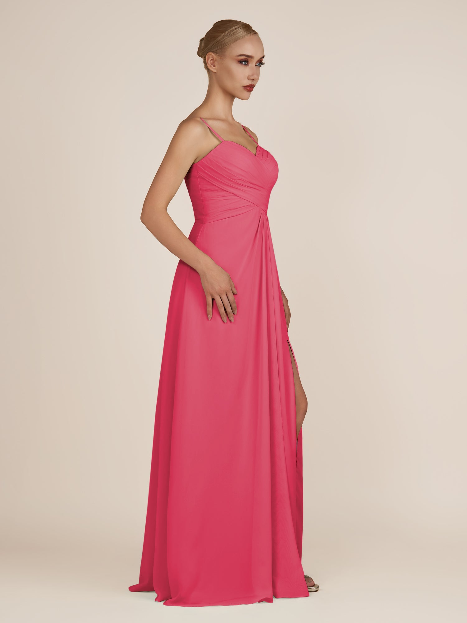 KissDress-Ysolina Fuchsia A Line Sweetheart Chiffon Pleated Long Bridesmaid Dress with Slit