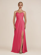 KissDress-Ysolina Fuchsia A Line Sweetheart Chiffon Pleated Long Bridesmaid Dress with Slit