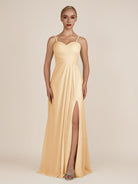 KissDress-Ysolina Golden Champagne A Line Sweetheart Chiffon Pleated Long Bridesmaid Dress with Slit
