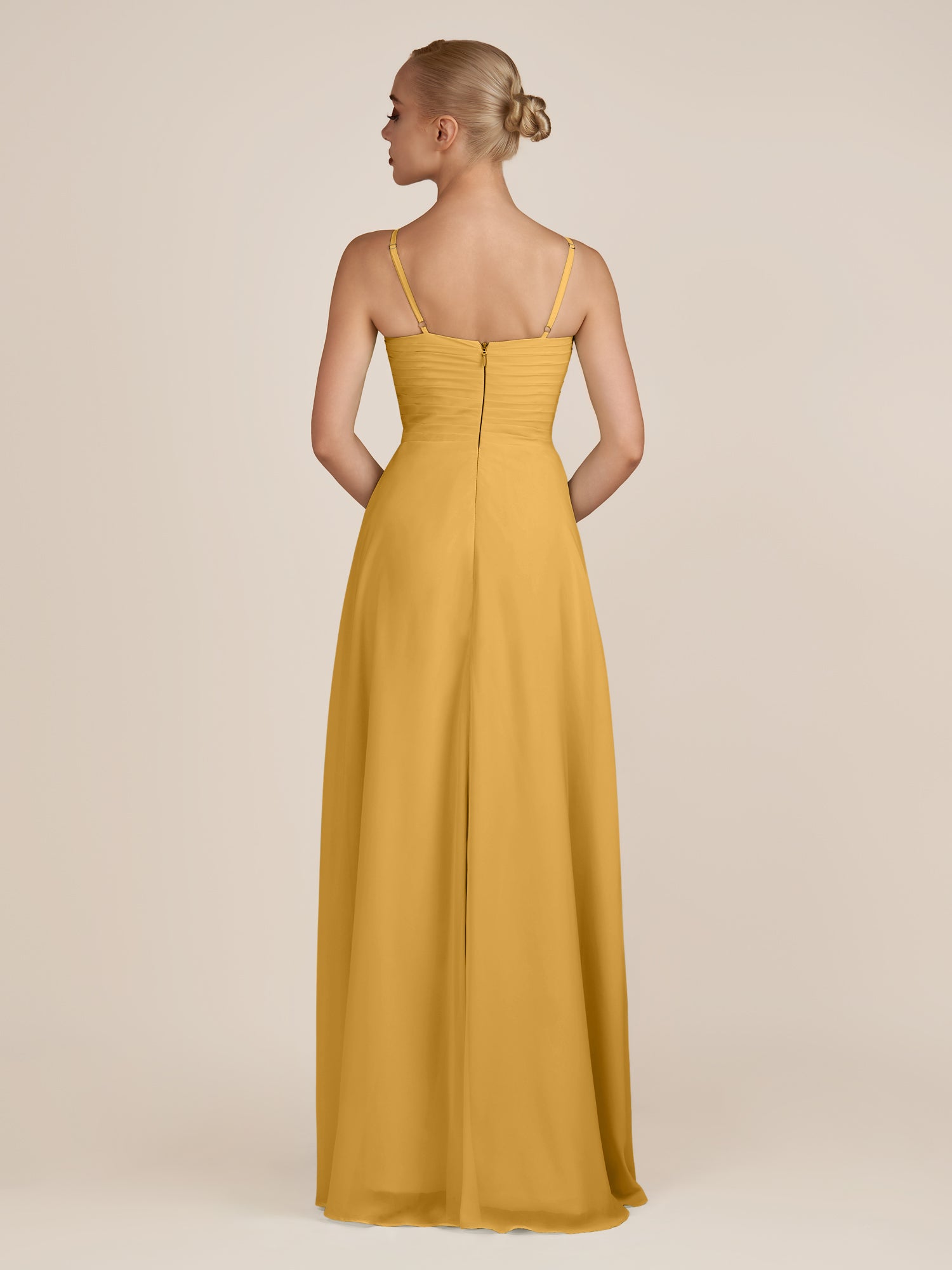 KissDress-Ysolina Marigold A Line Sweetheart Chiffon Pleated Long Bridesmaid Dress with Slit