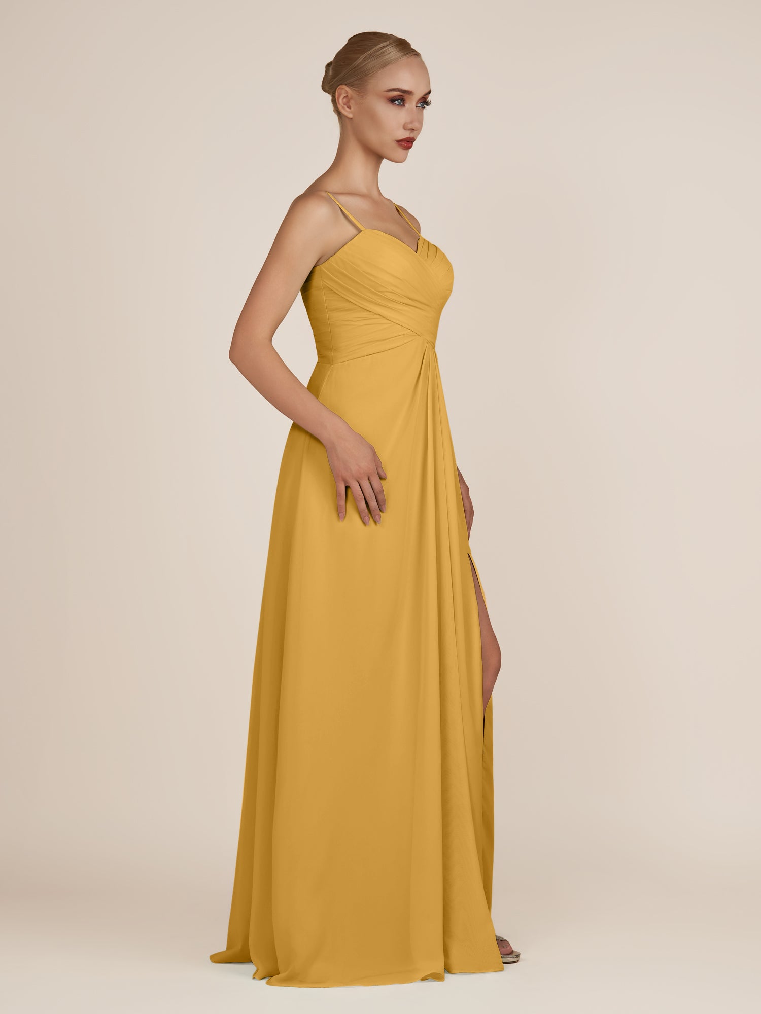 KissDress-Ysolina Marigold A Line Sweetheart Chiffon Pleated Long Bridesmaid Dress with Slit