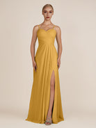 KissDress-Ysolina Marigold A Line Sweetheart Chiffon Pleated Long Bridesmaid Dress with Slit