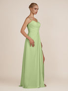KissDress-Ysolina Matcha A Line Sweetheart Chiffon Pleated Long Bridesmaid Dress with Slit