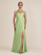 KissDress-Ysolina Matcha A Line Sweetheart Chiffon Pleated Long Bridesmaid Dress with Slit