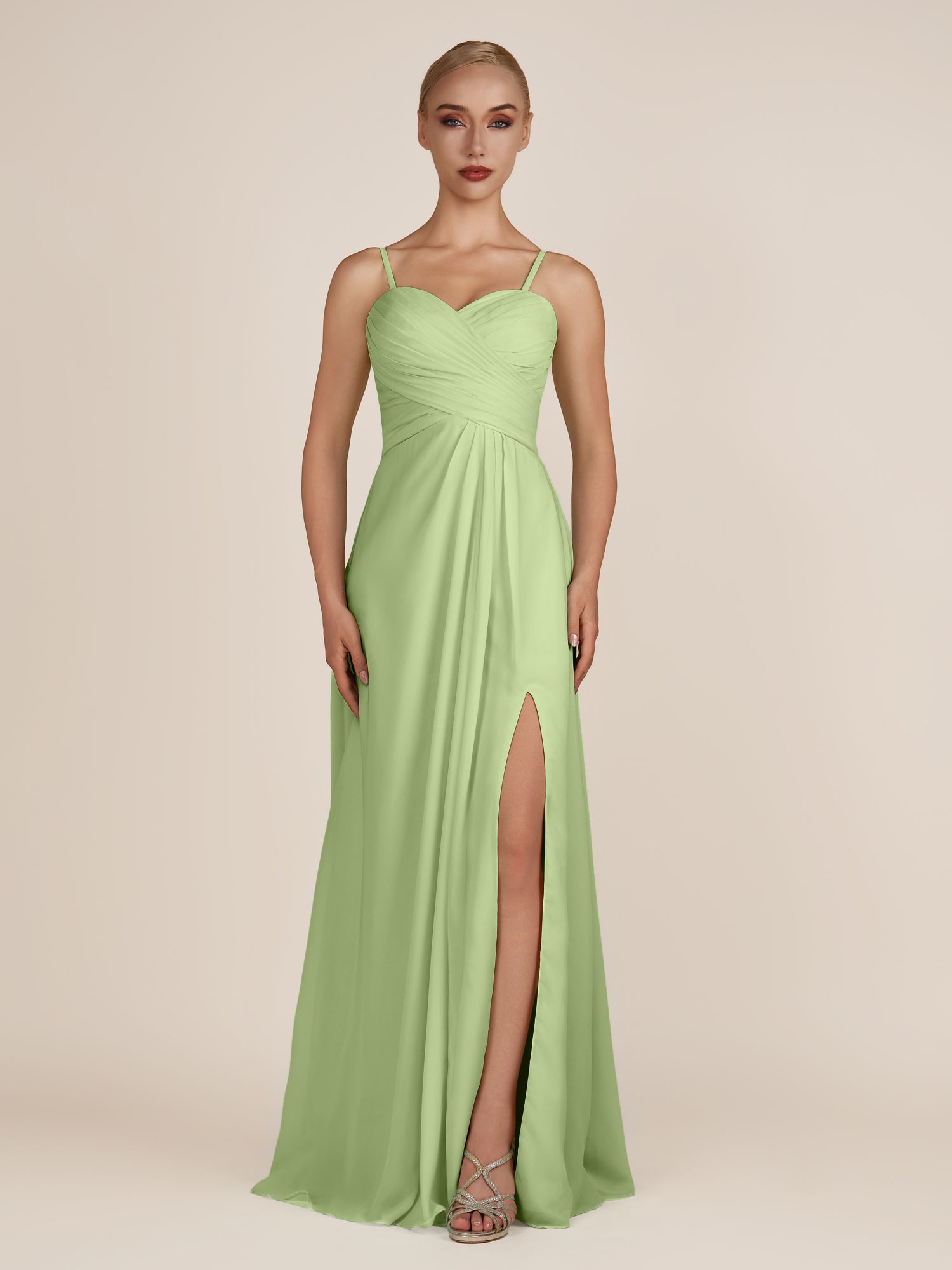 KissDress-Ysolina Matcha A Line Sweetheart Chiffon Pleated Long Bridesmaid Dress with Slit