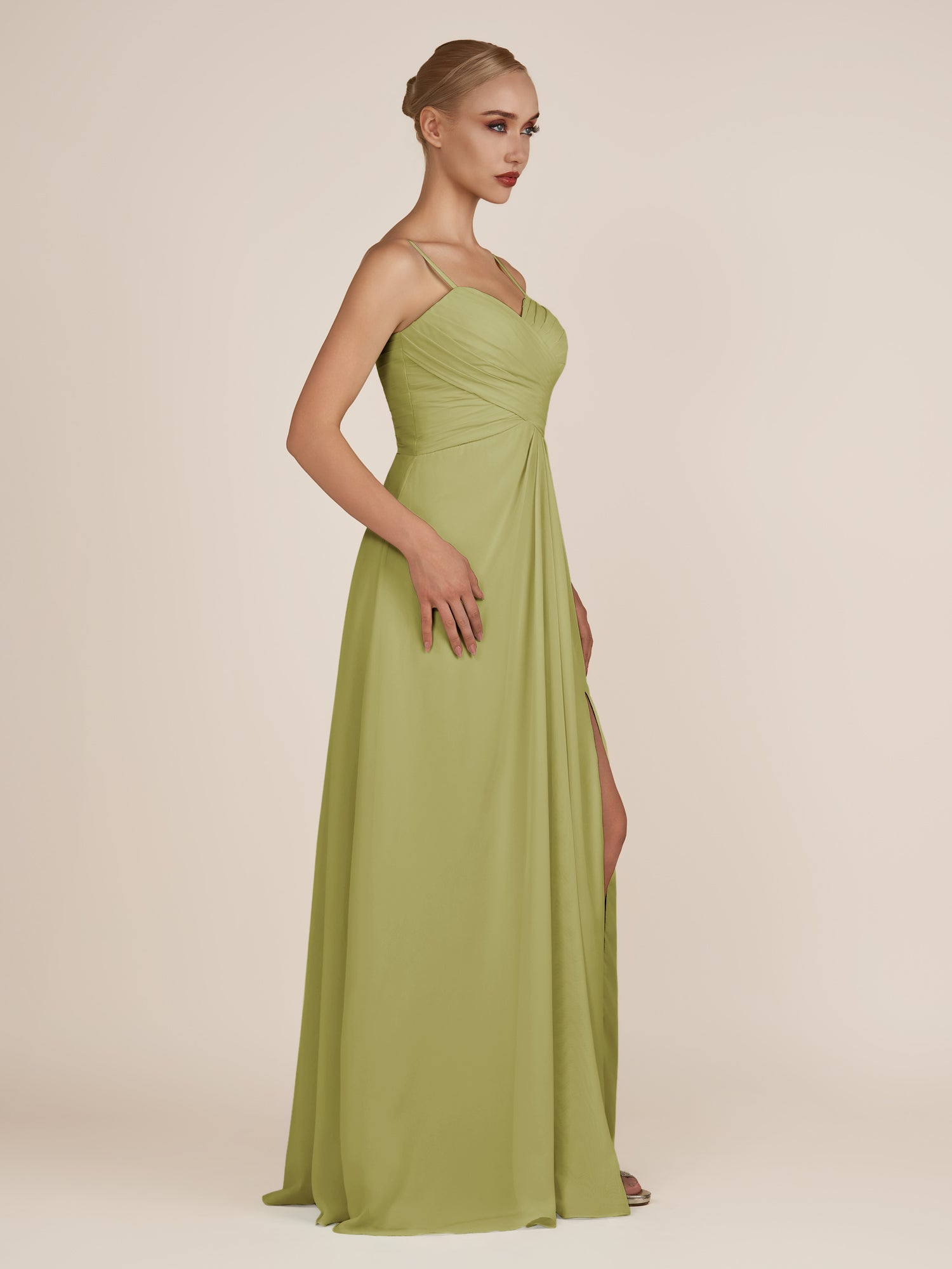 KissDress-Ysolina Moss Green A Line Sweetheart Chiffon Pleated Long Bridesmaid Dress with Slit
