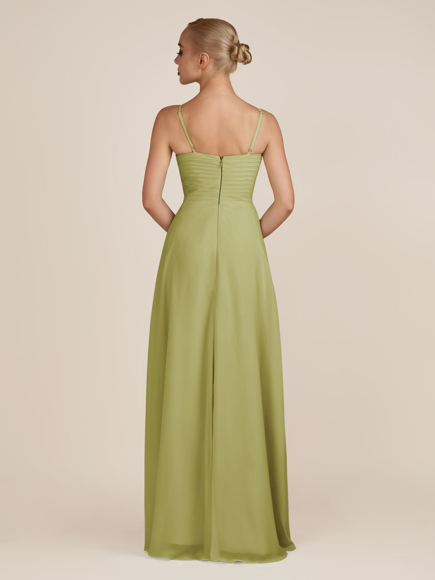 KissDress-Ysolina Moss Green A Line Sweetheart Chiffon Pleated Long Bridesmaid Dress with Slit