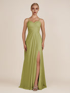 KissDress-Ysolina Moss Green A Line Sweetheart Chiffon Pleated Long Bridesmaid Dress with Slit