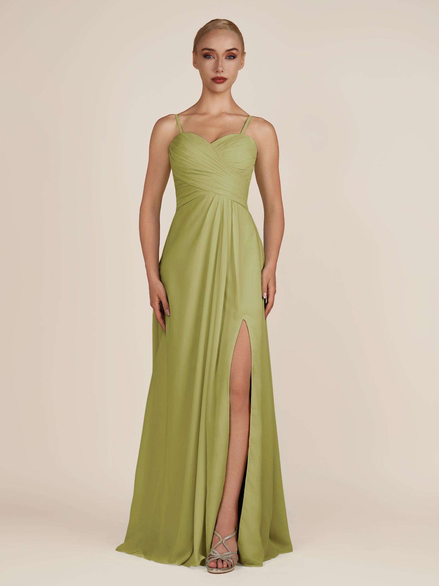 KissDress-Ysolina Moss Green A Line Sweetheart Chiffon Pleated Long Bridesmaid Dress with Slit