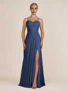 KissDress-Ysolina Navy A Line Sweetheart Chiffon Pleated Long Bridesmaid Dress with Slit