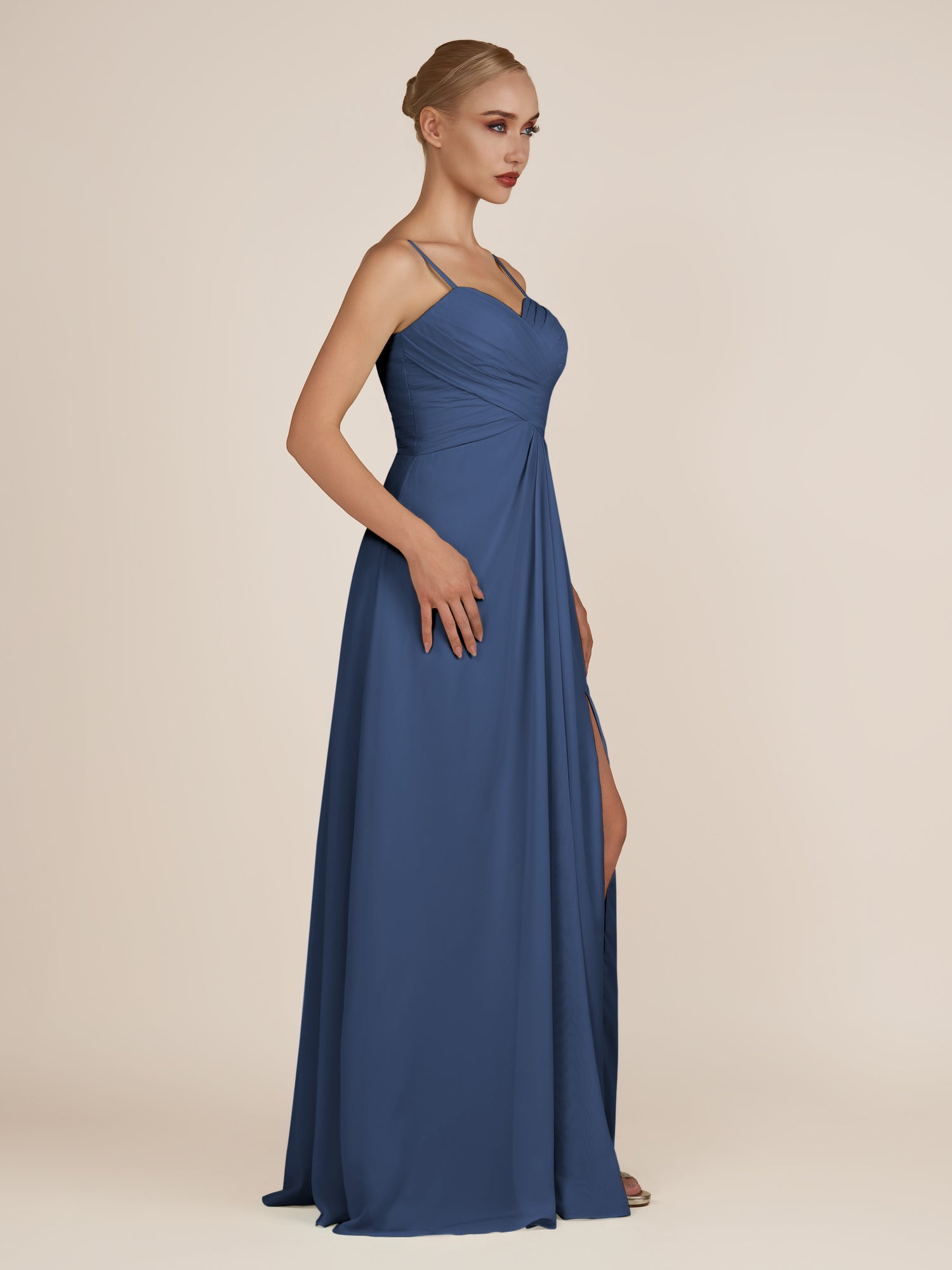 KissDress-Ysolina Navy A Line Sweetheart Chiffon Pleated Long Bridesmaid Dress with Slit